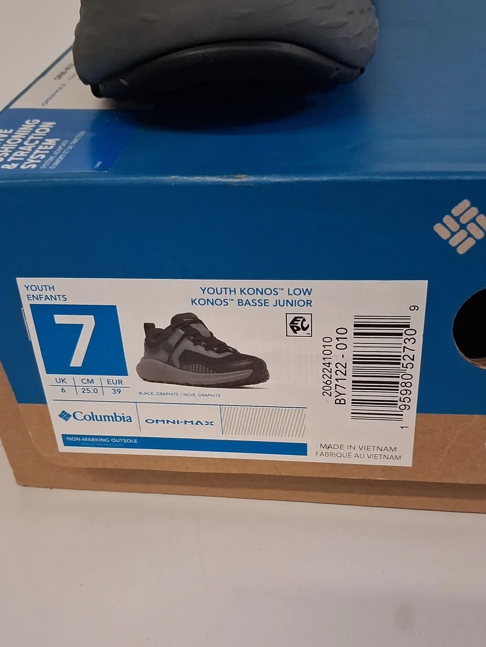 NWT Big Kids Columbia Konos Low Basse Black & Grey Shoes Sz. 7
